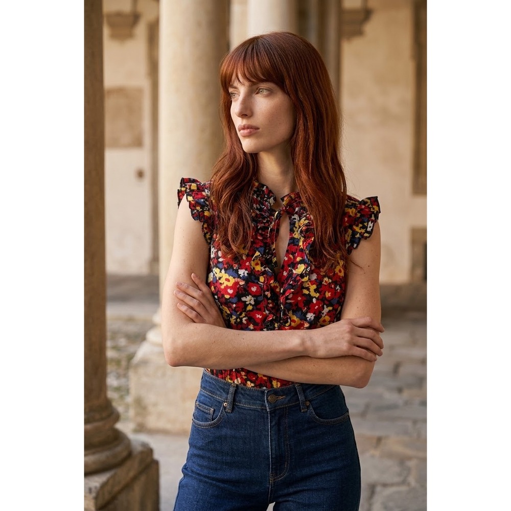 Susie Rose Floral Ruffle Sleeveless Top Red Blue Yellow XL Boho Cottage Feminine